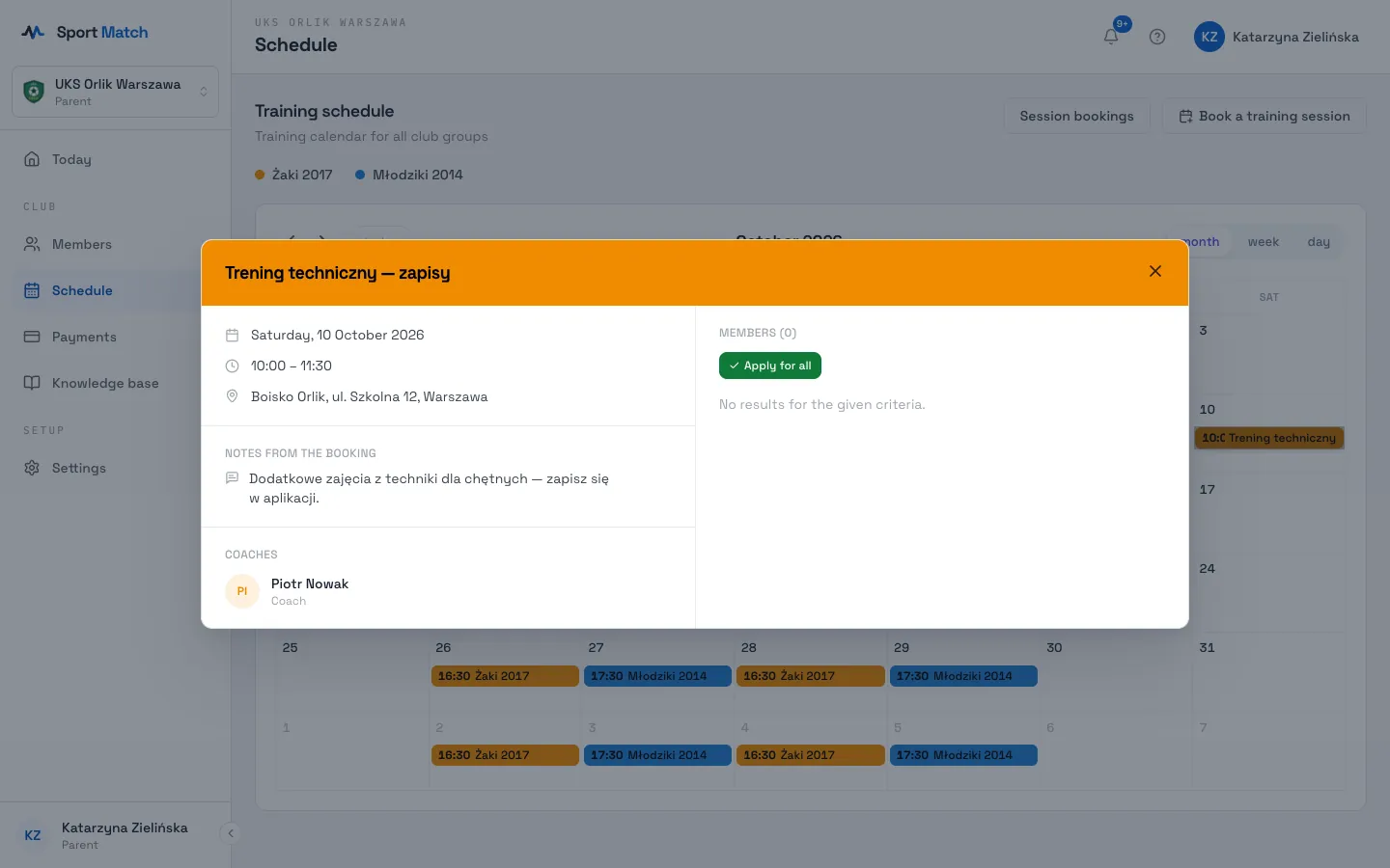 Sport Match screenshot: An open session: a parent signs both children up with one button.