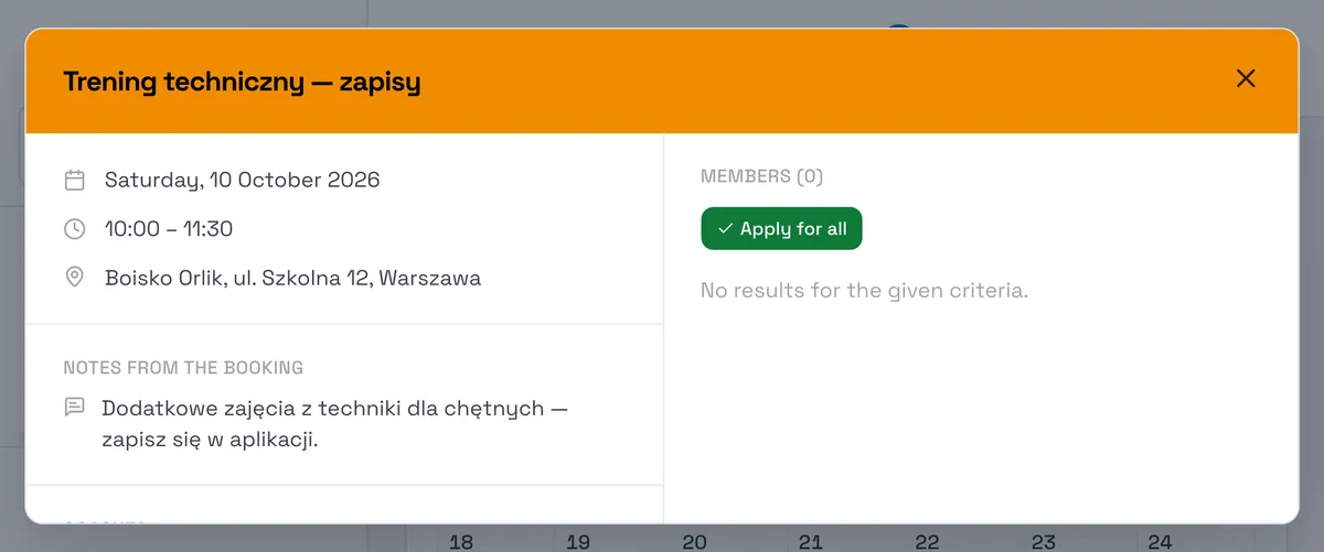 Sport Match screenshot: An open session: a parent signs both children up with one button.