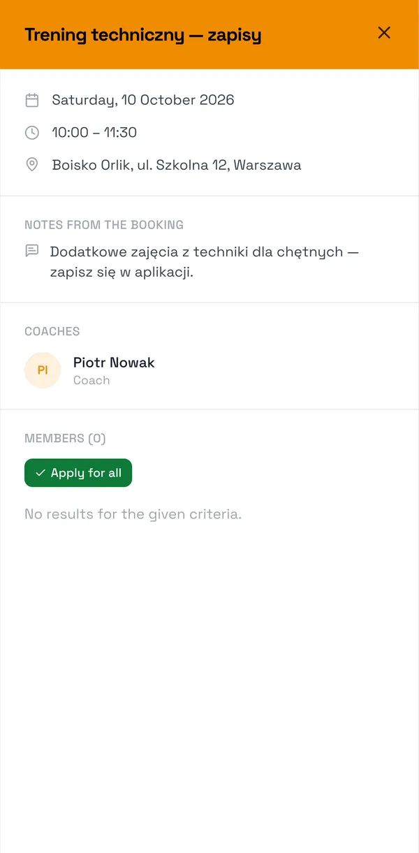 Sport Match screenshot: An open session: a parent signs both children up with one button.