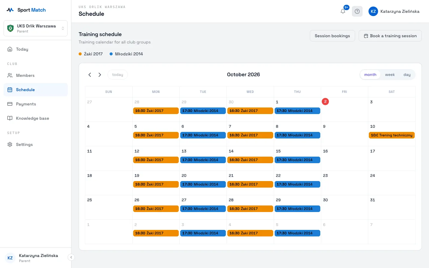 Sport Match screenshot: A parent’s schedule: both children’s sessions.