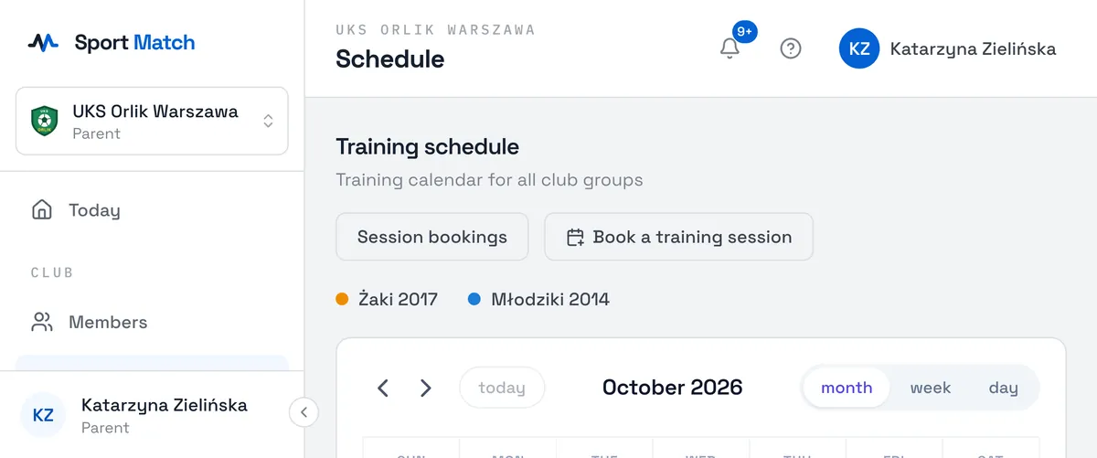 Sport Match screenshot: A parent’s schedule: both children’s sessions.