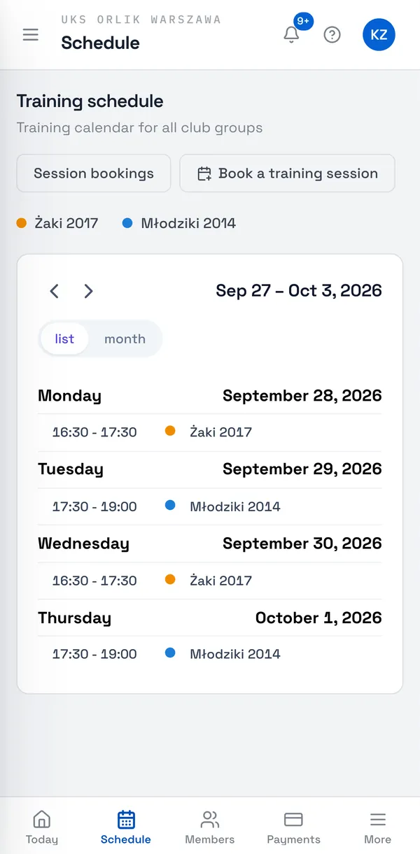 Sport Match screenshot: A parent’s schedule: both children’s sessions.
