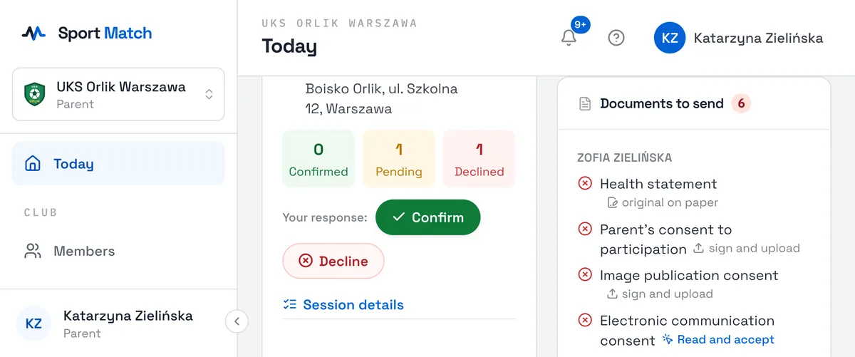 Sport Match screenshot: On Today, on the Upcoming training card, next to Your response choose Confirm or Decline.