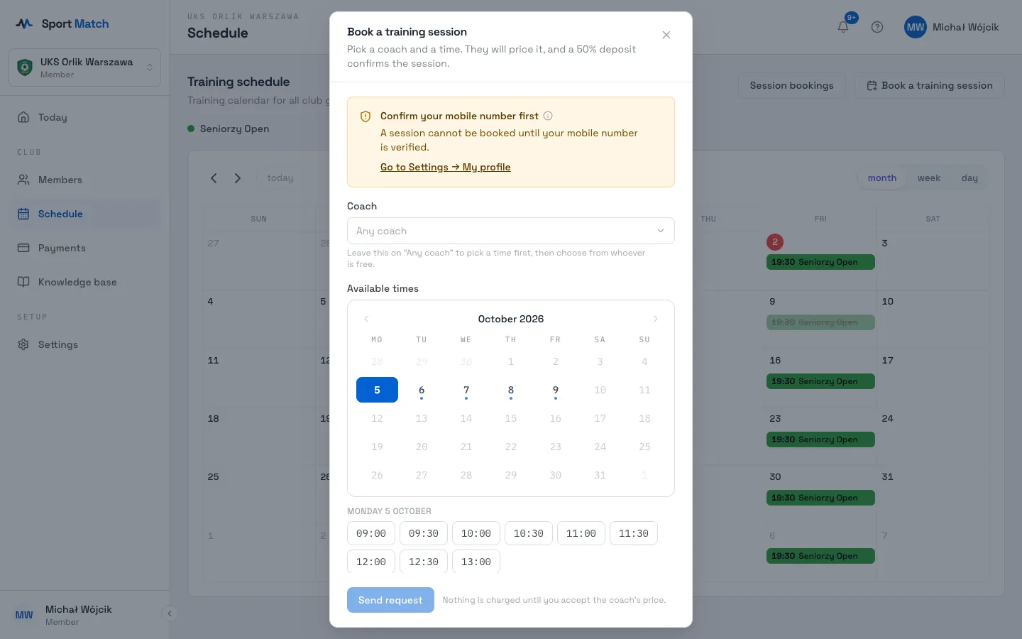 Sport Match screenshot: The booking window asking you to verify your phone number.