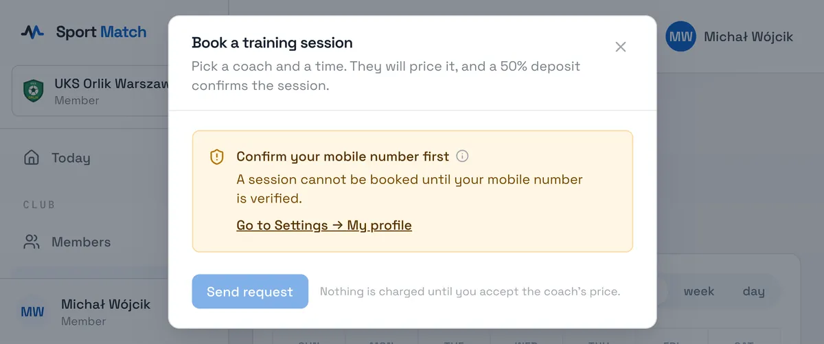 Sport Match screenshot: The booking window asking you to verify your phone number.