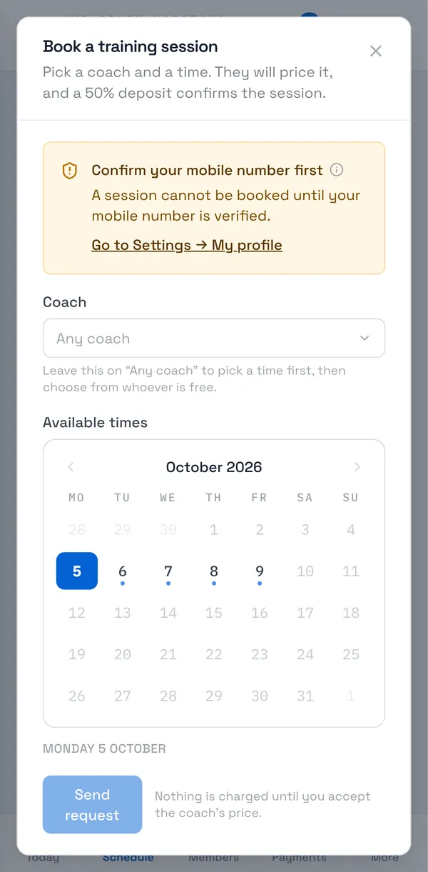 Sport Match screenshot: The booking window asking you to verify your phone number.