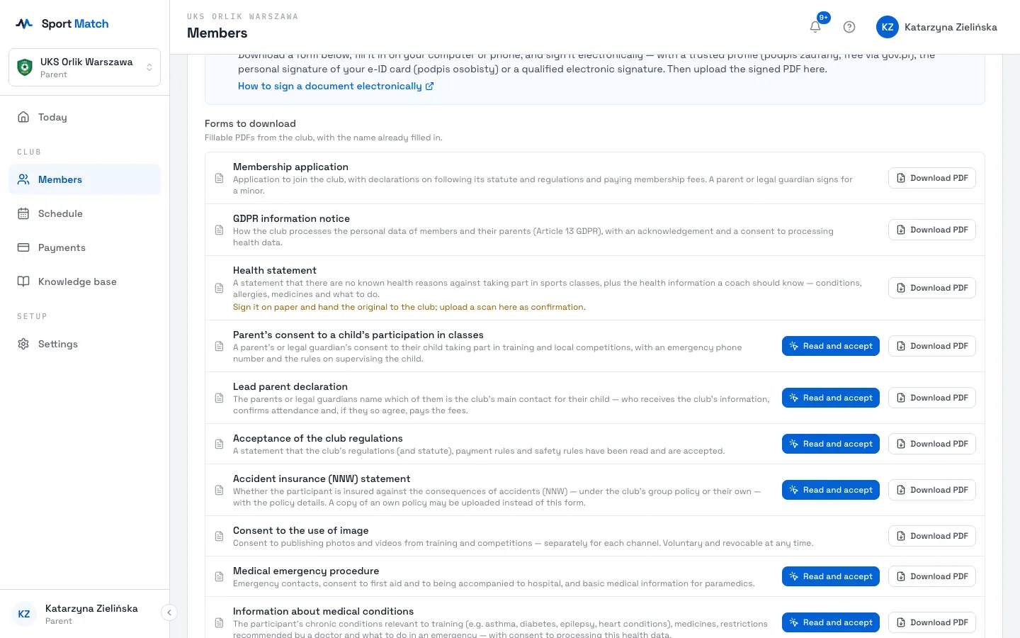 Sport Match screenshot: On the Documents tab choose Read and accept next to the form (or click the missing document under Required by the club, or the Read and accept link on Today).
