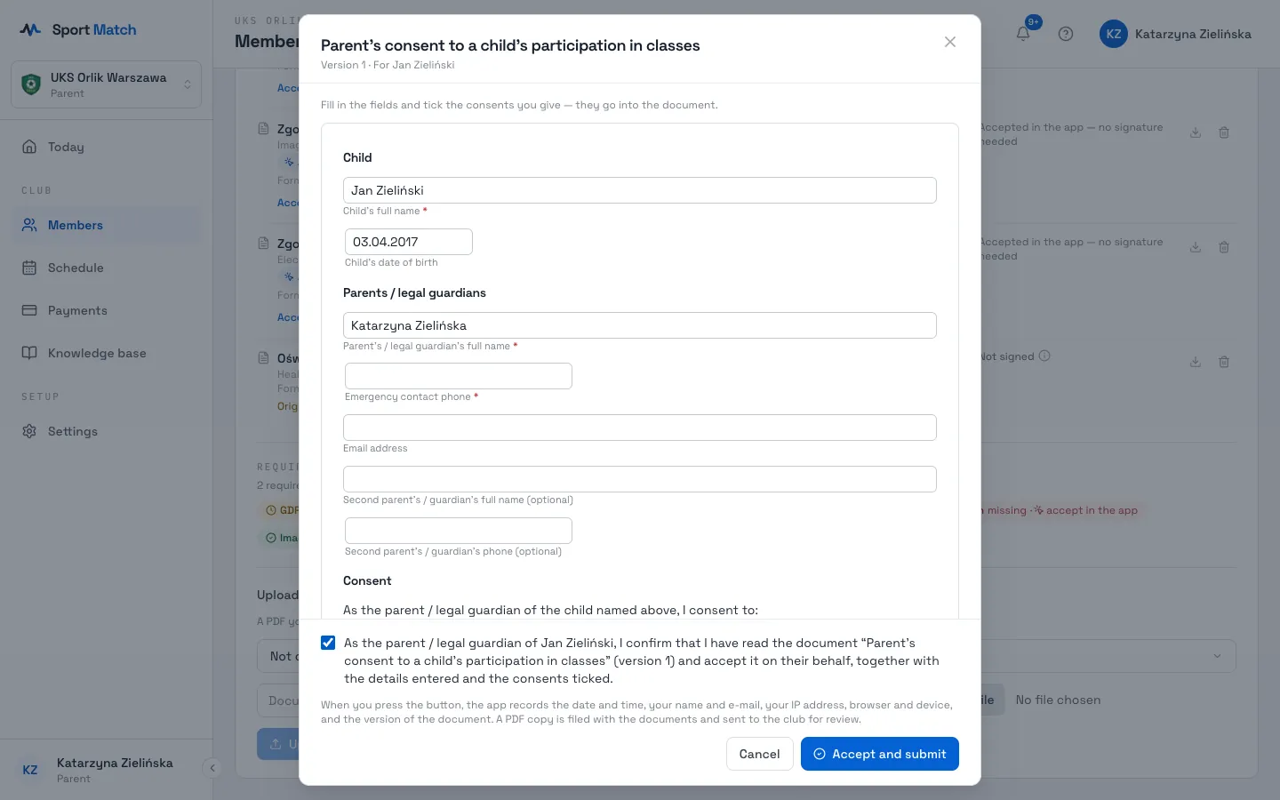 Sport Match screenshot: At the bottom tick the statement that you have read and accept the document (for a child — on their behalf, as their parent or legal guardian), and choose Accept and submit.