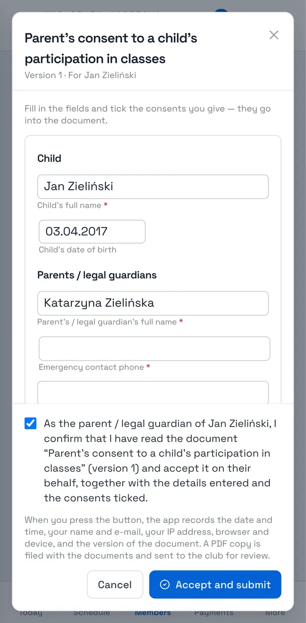 Sport Match screenshot: At the bottom tick the statement that you have read and accept the document (for a child — on their behalf, as their parent or legal guardian), and choose Accept and submit.