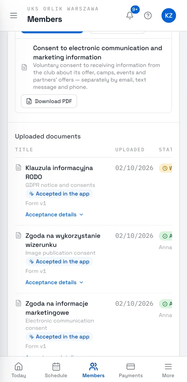 Sport Match screenshot: Documents accepted in the app, and a statement whose original hasn’t reached the club yet.