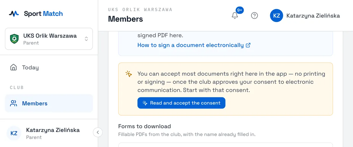 Sport Match screenshot: The consent to electronic communication not handed in yet — the box with its button.
