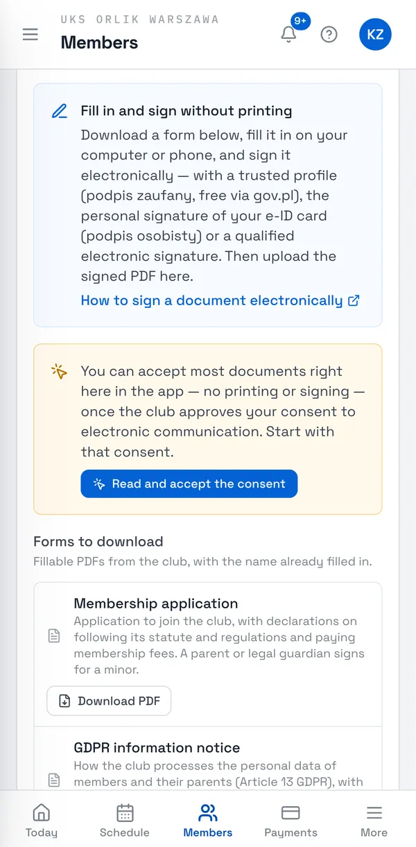 Sport Match screenshot: The consent to electronic communication not handed in yet — the box with its button.