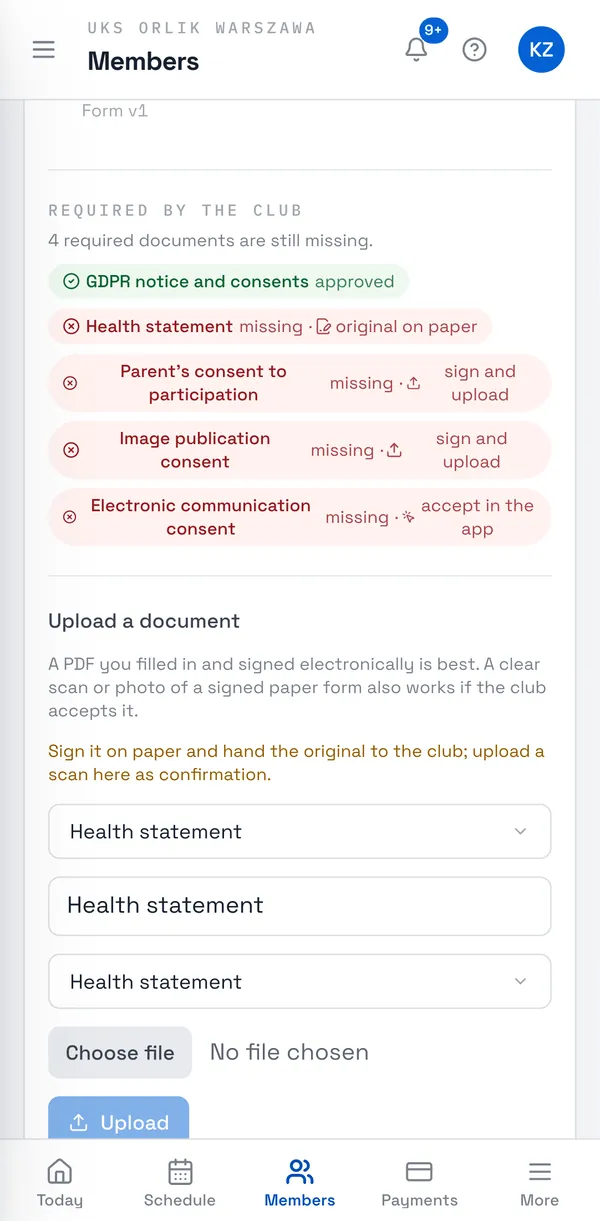 Sport Match screenshot: A document whose original goes to the club — the hint in the upload form.