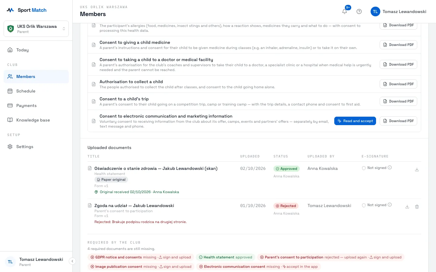 Sport Match screenshot: A rejected document with its reason, and the list of required documents.