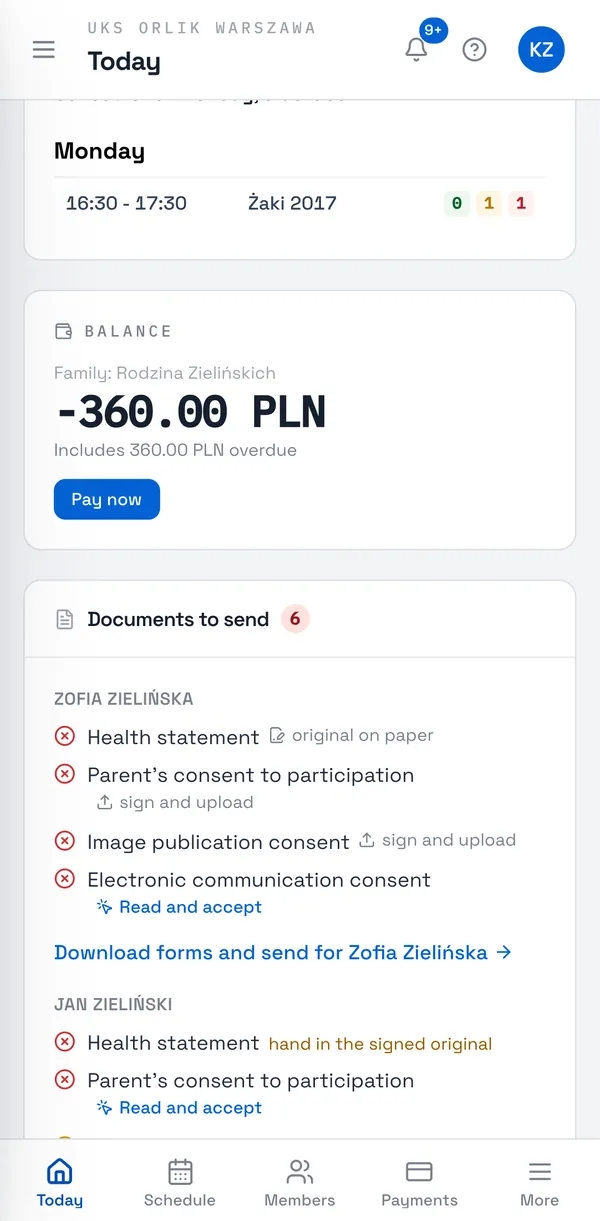 Sport Match screenshot: The “Documents to send” card of a parent of two.