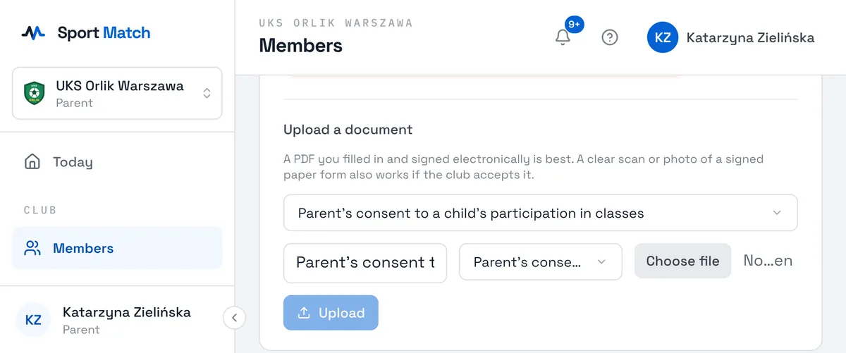 Sport Match screenshot: On the Documents tab, under Required by the club, click a missing document marked sign and upload — the upload form opens with that document already chosen. Or scroll down to Upload a document.
