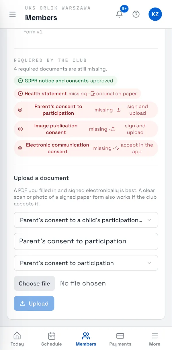 Sport Match screenshot: On the Documents tab, under Required by the club, click a missing document marked sign and upload — the upload form opens with that document already chosen. Or scroll down to Upload a document.