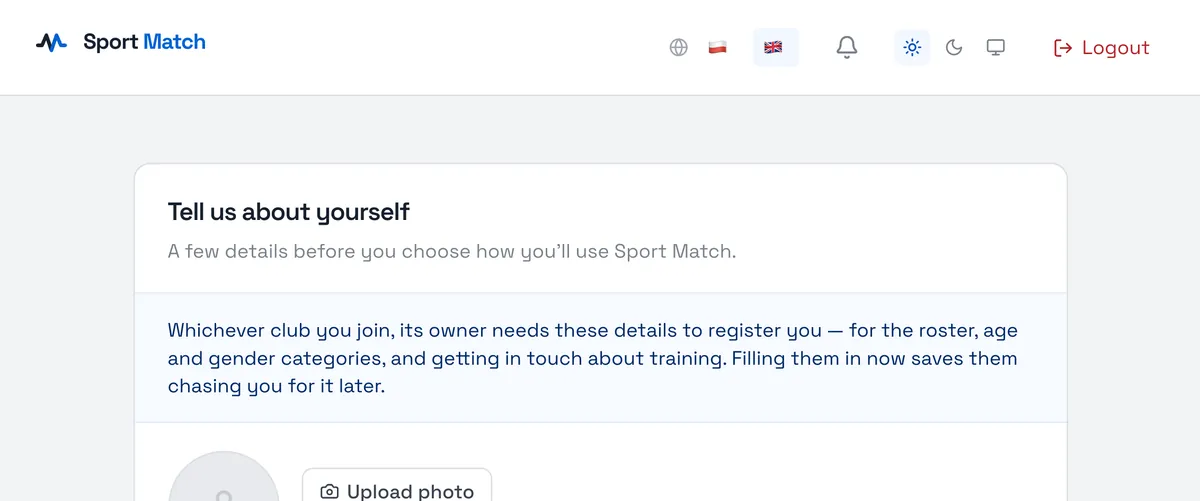 Sport Match screenshot: The “Tell us about yourself” screen. Other club members only ever see your year of birth.