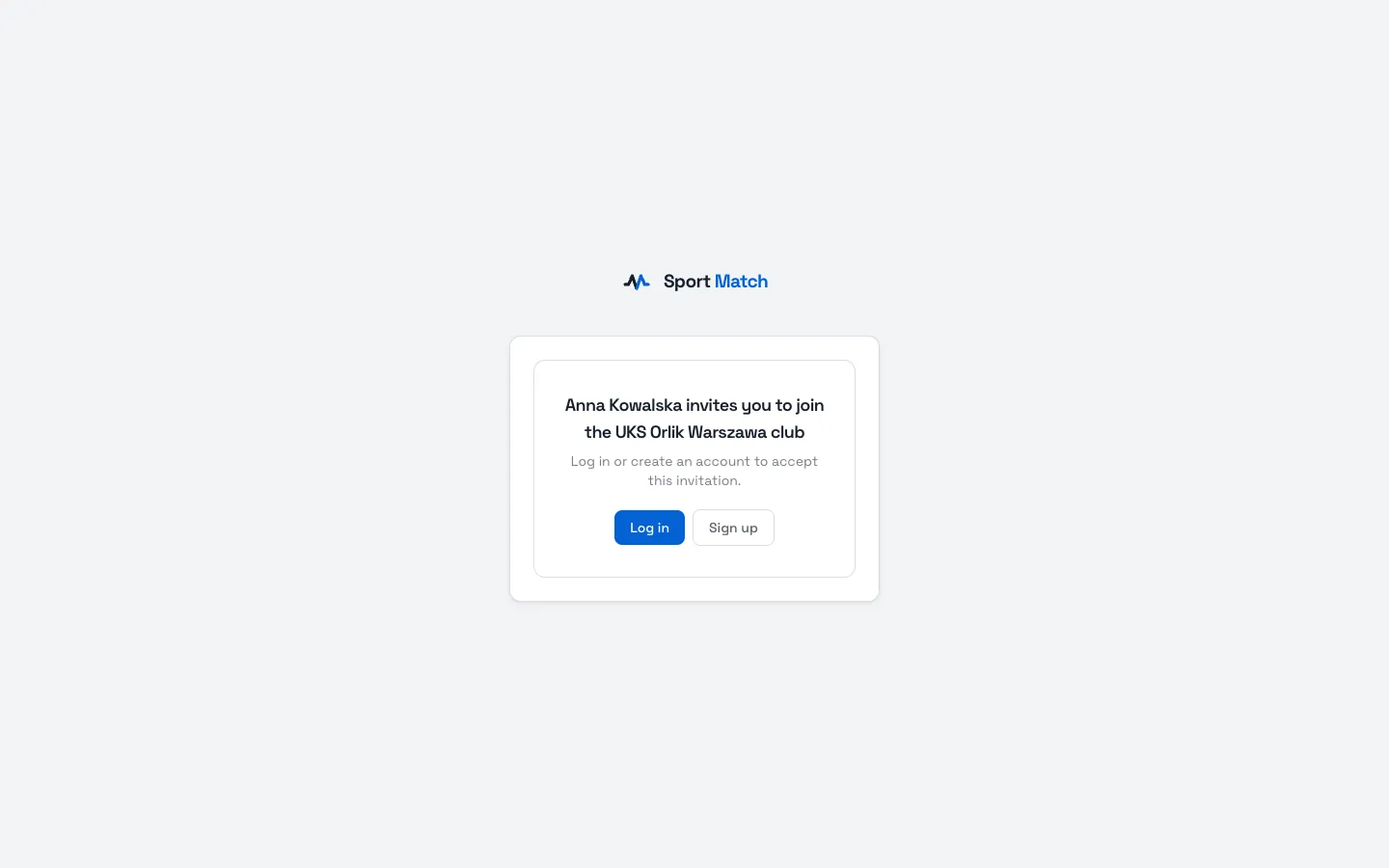 Sport Match screenshot: Open the invitation link, or scan the QR code with your phone’s camera. You’ll see the club’s name and who is inviting you.