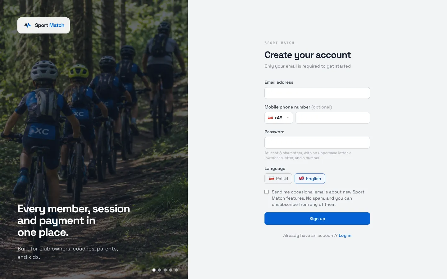 Sport Match screenshot: Enter your Email address and a Password (at least 8 characters, with an uppercase letter, a lowercase letter and a number). The phone number is optional. Pick your language and choose Sign up.