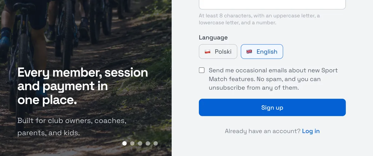 Sport Match screenshot: Enter your Email address and a Password (at least 8 characters, with an uppercase letter, a lowercase letter and a number). The phone number is optional. Pick your language and choose Sign up.