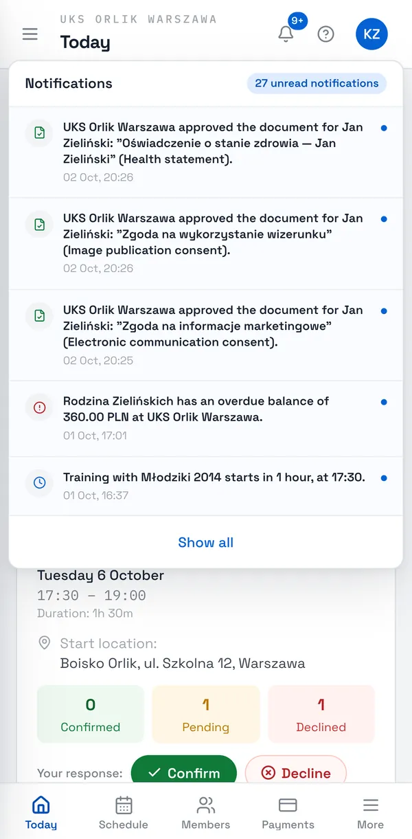 Sport Match screenshot: Click the bell at the top of the screen. The number on it counts unread notifications; the list shows the latest. Clicking one opens the page it’s about.