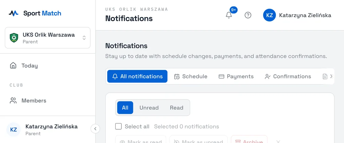 Sport Match screenshot: Choose Show all to open the Notifications page. The tabs at the top filter by subject (Schedule, Payments, Confirmations, Documents), and All / Unread / Read by state.