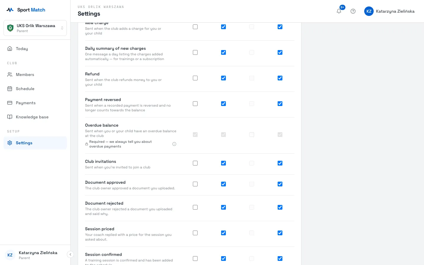 Sport Match screenshot: Overdue balance: channels ticked and locked.