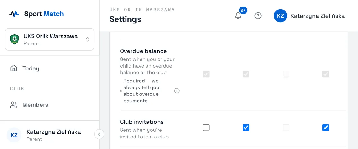 Sport Match screenshot: Overdue balance: channels ticked and locked.