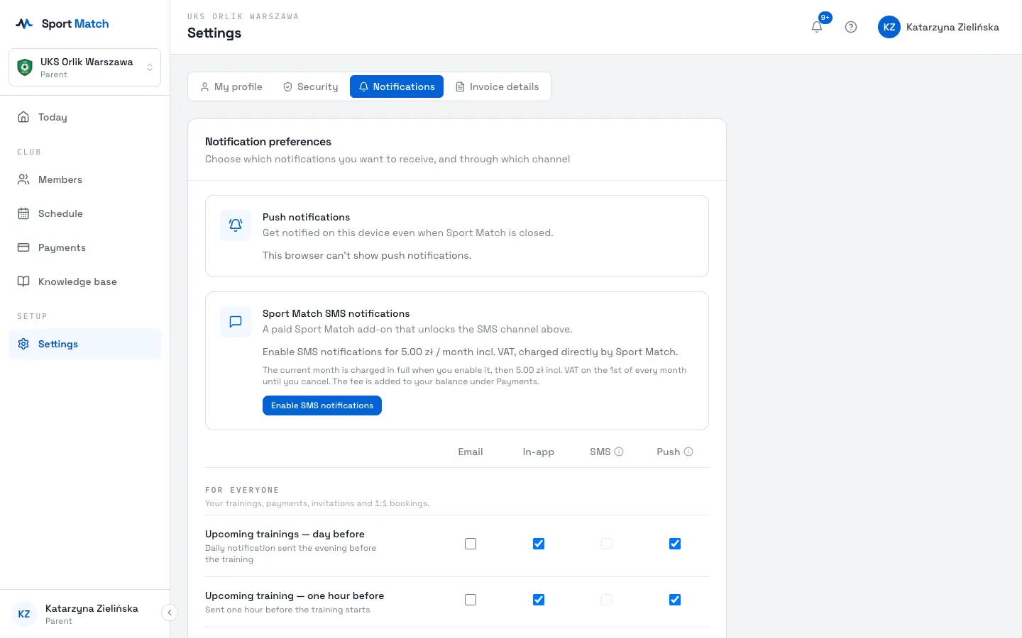 Sport Match screenshot: In Notification preferences each row is a kind of notification (e.g. Upcoming trainings — day before) and each column a channel: Email, In-app, SMS and Push. Tick where you want each one.