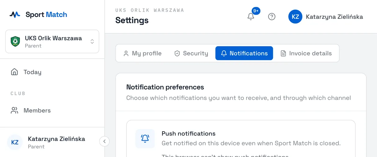 Sport Match screenshot: In Notification preferences each row is a kind of notification (e.g. Upcoming trainings — day before) and each column a channel: Email, In-app, SMS and Push. Tick where you want each one.