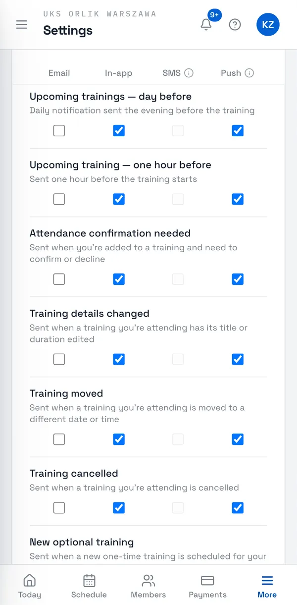 Sport Match screenshot: In Notification preferences each row is a kind of notification (e.g. Upcoming trainings — day before) and each column a channel: Email, In-app, SMS and Push. Tick where you want each one.