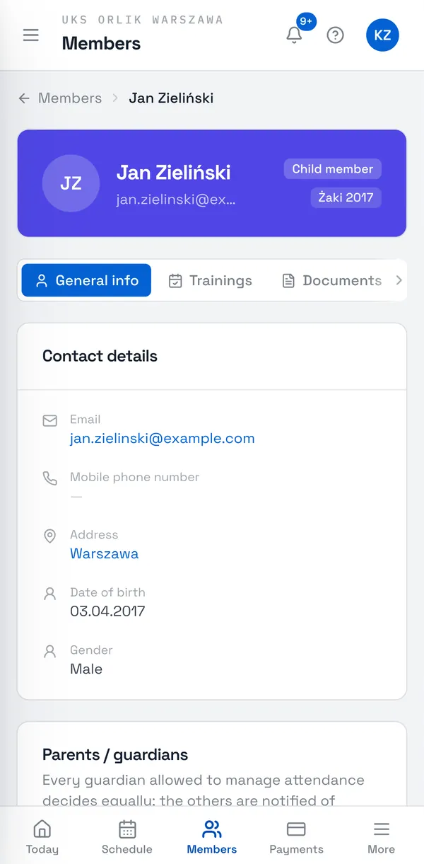 Sport Match screenshot: Click a child to open their page. General info shows their contact details and the Parents / guardians list with what each of them may do.