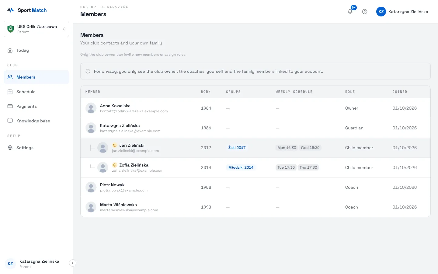 Sport Match screenshot: The member list as a parent sees it.