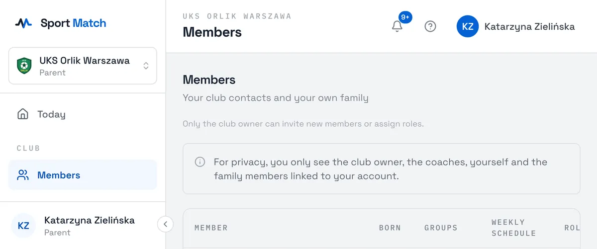 Sport Match screenshot: The member list as a parent sees it.