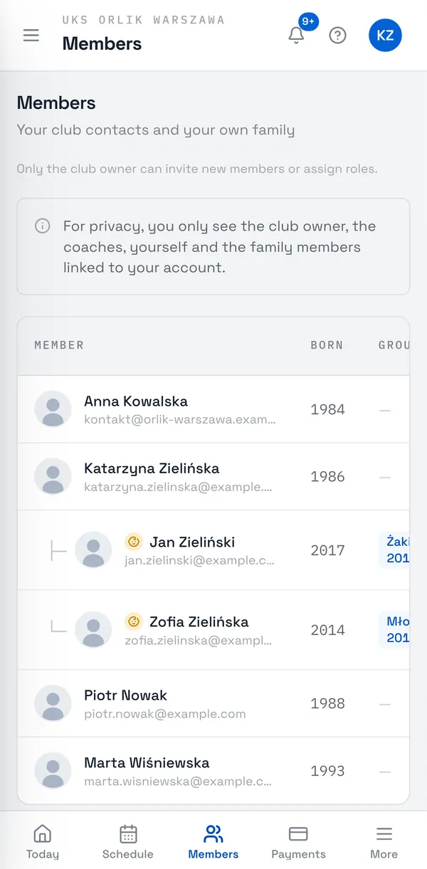 Sport Match screenshot: The member list as a parent sees it.