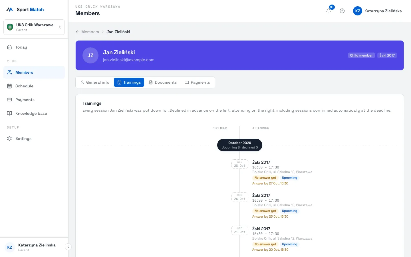 Sport Match screenshot: The Trainings tab lists every session of your child’s: declined ones on the left, attended ones on the right, and for upcoming sessions the deadline for answering.
