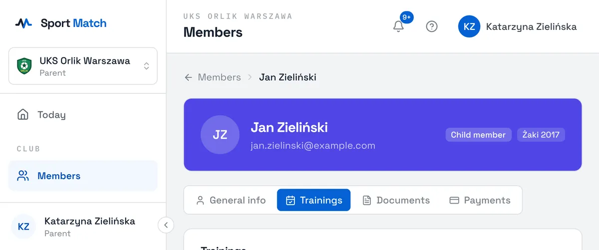 Sport Match screenshot: The Trainings tab lists every session of your child’s: declined ones on the left, attended ones on the right, and for upcoming sessions the deadline for answering.