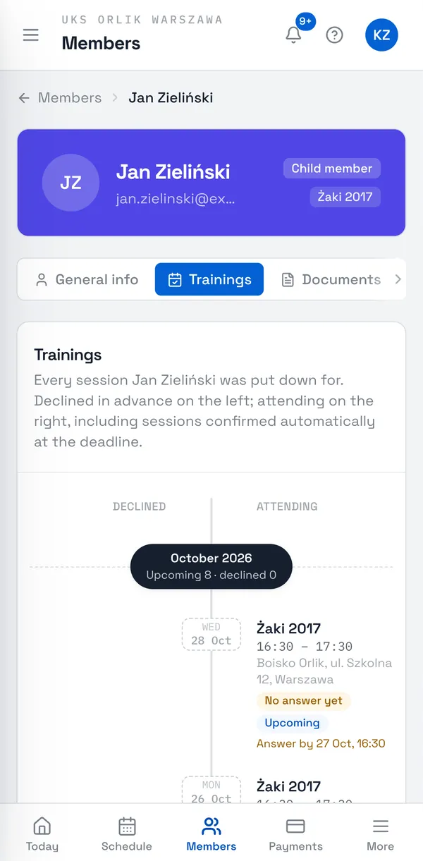 Sport Match screenshot: The Trainings tab lists every session of your child’s: declined ones on the left, attended ones on the right, and for upcoming sessions the deadline for answering.