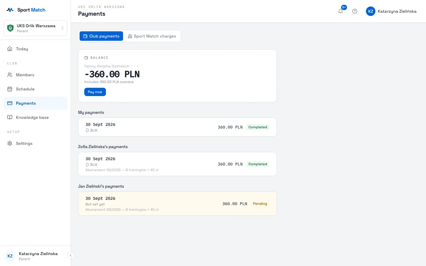 Sport Match screenshot: A parent’s payments: the family balance and each child’s charges.