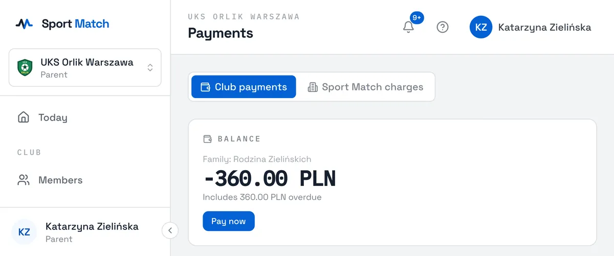 Sport Match screenshot: A parent’s payments: the family balance and each child’s charges.