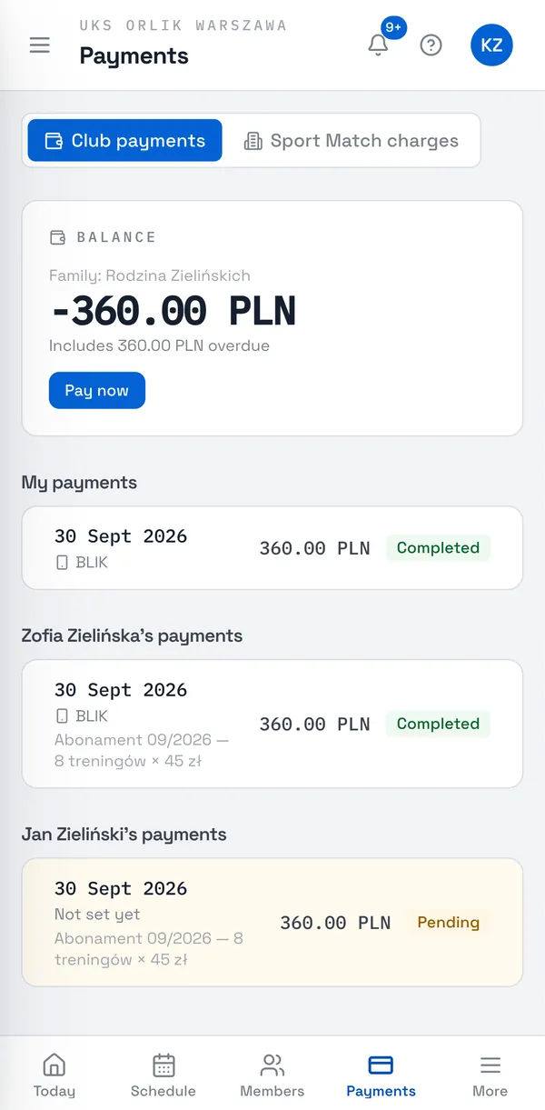 Sport Match screenshot: A parent’s payments: the family balance and each child’s charges.