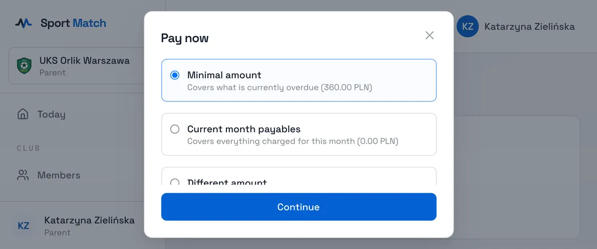 Sport Match screenshot: Choose the amount: Minimal amount covers what’s overdue, Current month payables covers everything billed this month, and Different amount lets you pay more. Choose Continue.