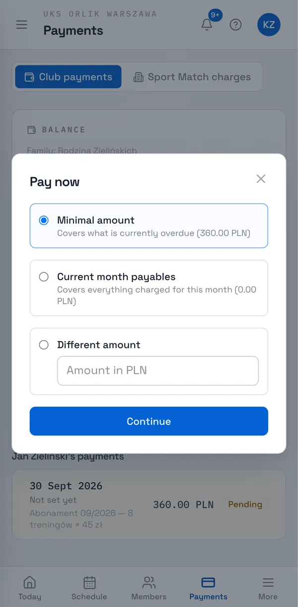 Sport Match screenshot: Choose the amount: Minimal amount covers what’s overdue, Current month payables covers everything billed this month, and Different amount lets you pay more. Choose Continue.