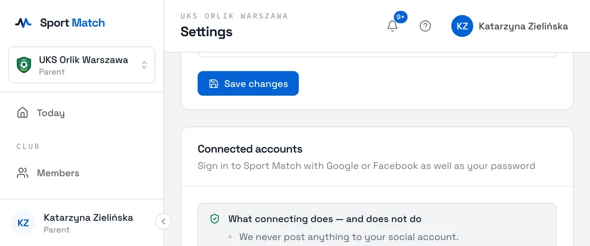 Sport Match screenshot: Connected accounts in your profile settings.