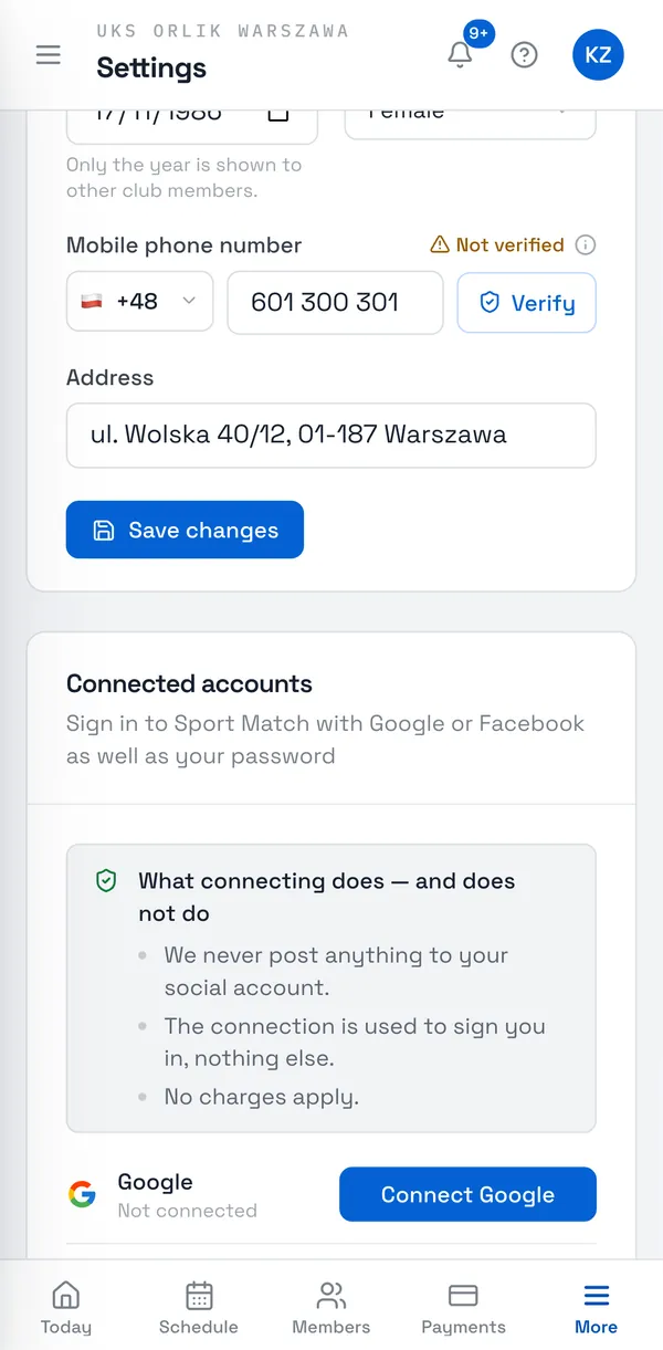 Sport Match screenshot: Connected accounts in your profile settings.