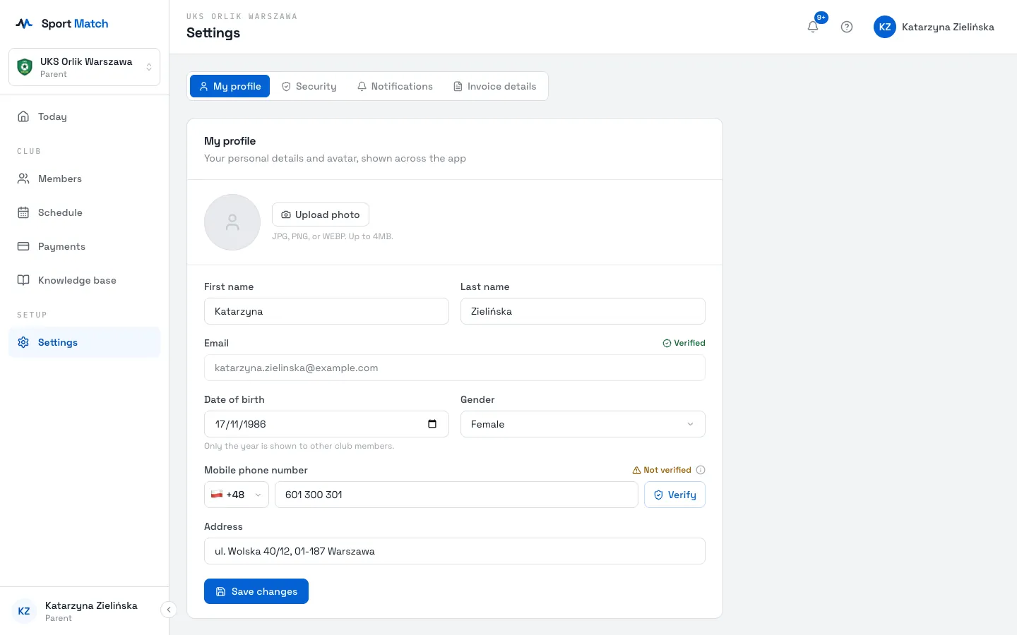 Sport Match screenshot: Upload photo adds a profile photo (JPG, PNG or WEBP, up to 4 MB) — it helps your club and coaches recognise you. Change your name, date of birth, gender, phone or address and choose Save changes.