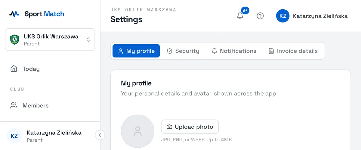 Sport Match screenshot: Upload photo adds a profile photo (JPG, PNG or WEBP, up to 4 MB) — it helps your club and coaches recognise you. Change your name, date of birth, gender, phone or address and choose Save changes.