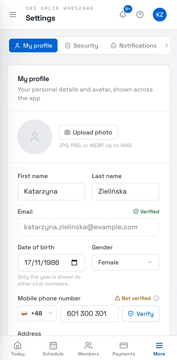 Sport Match screenshot: Upload photo adds a profile photo (JPG, PNG or WEBP, up to 4 MB) — it helps your club and coaches recognise you. Change your name, date of birth, gender, phone or address and choose Save changes.