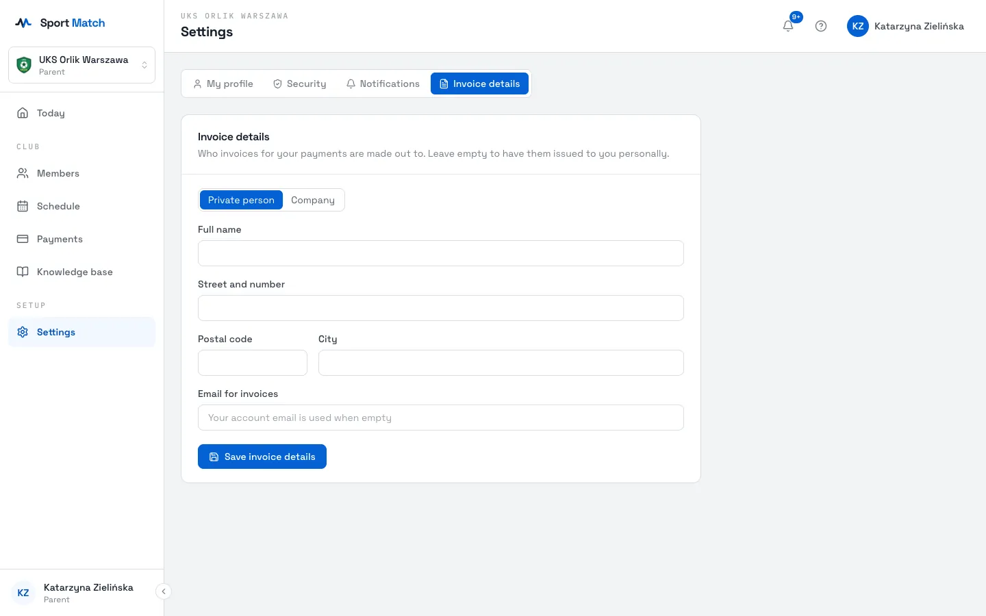 Sport Match screenshot: Invoice details.